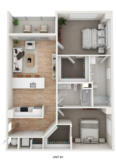 A 3D floor plan of a small apartment with a kitchen, living room, and bedroom.